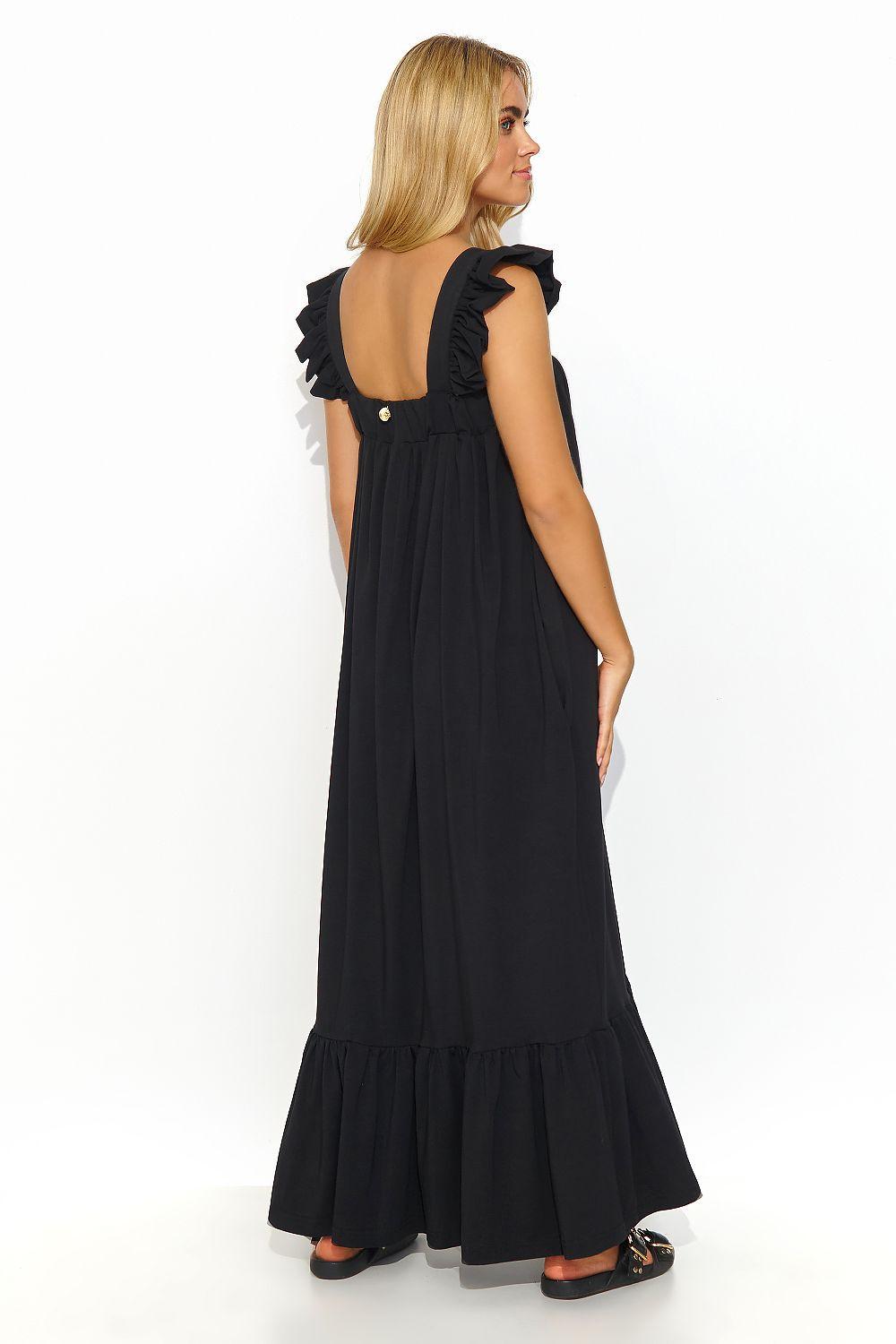 Black sleeveless day dress with open back, ruffled shoulder straps, and tiered hem