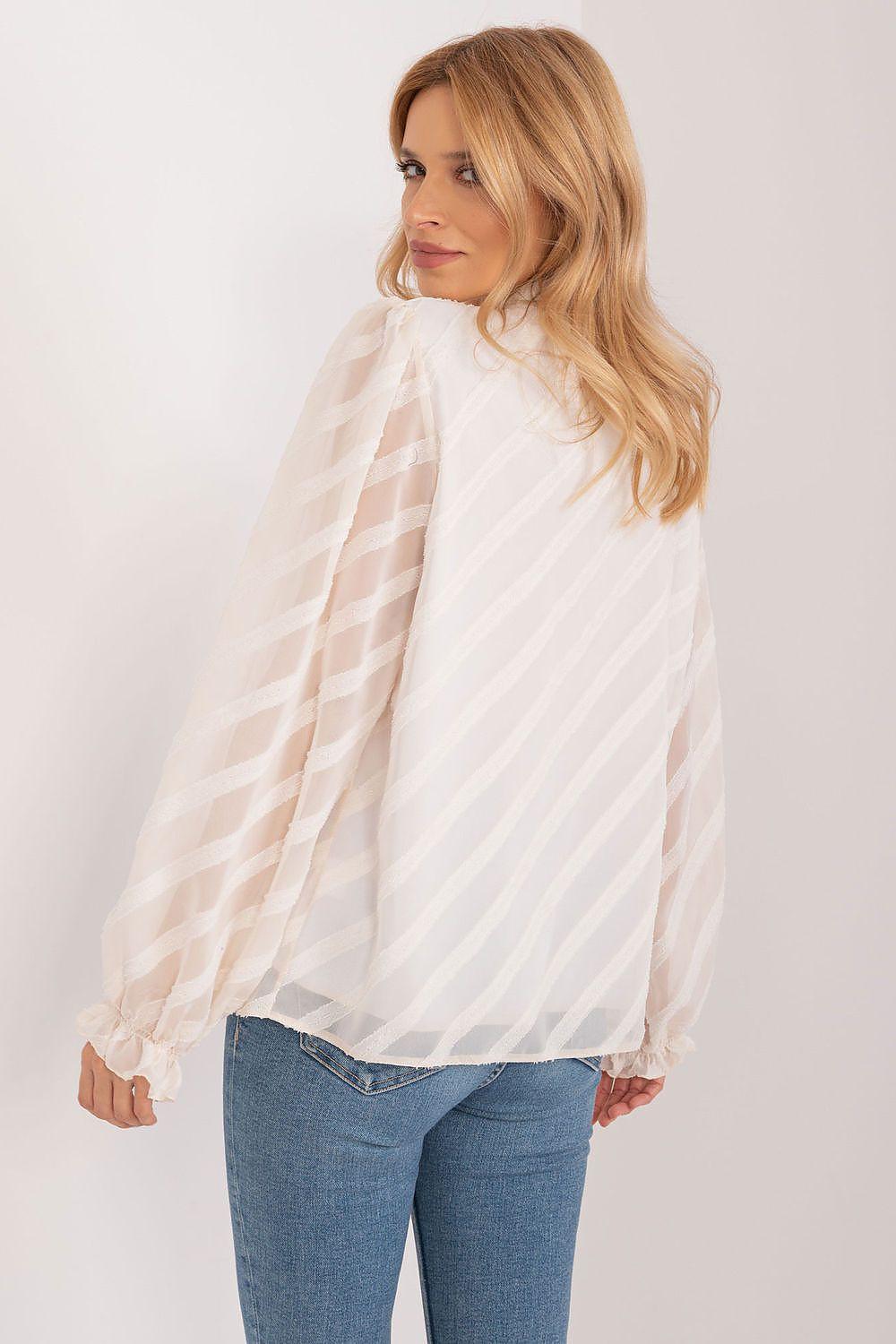 Beige striped sheer long sleeve shirt with high neckline and loose fit