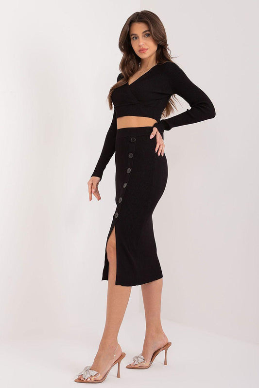 Black two-piece skirt set with long-sleeve crop top and button-front midi pencil skirt