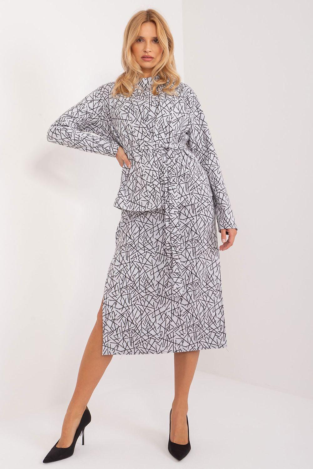 Grey midi dress with abstract line pattern, long sleeves, wrap-style front with gathered waist