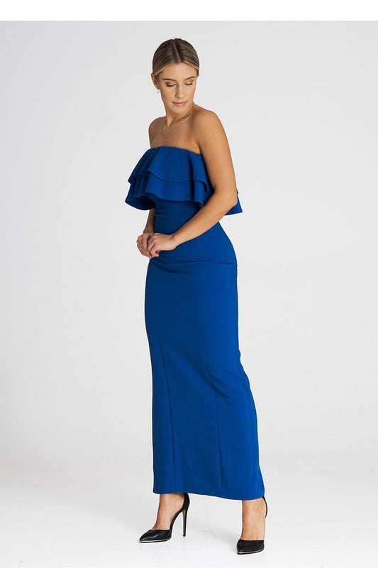 Blue cocktail dress with wide off-shoulder ruffle and fitted midi skirt, side view