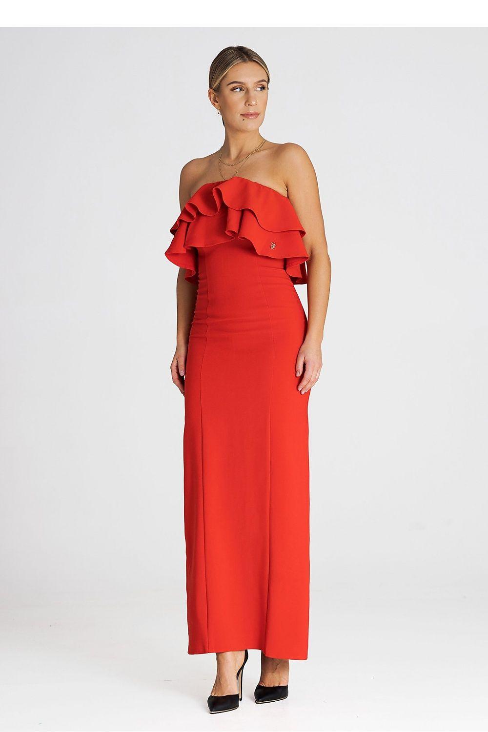 Red cocktail dress with layered off-shoulder ruffle bodice and fitted midi length