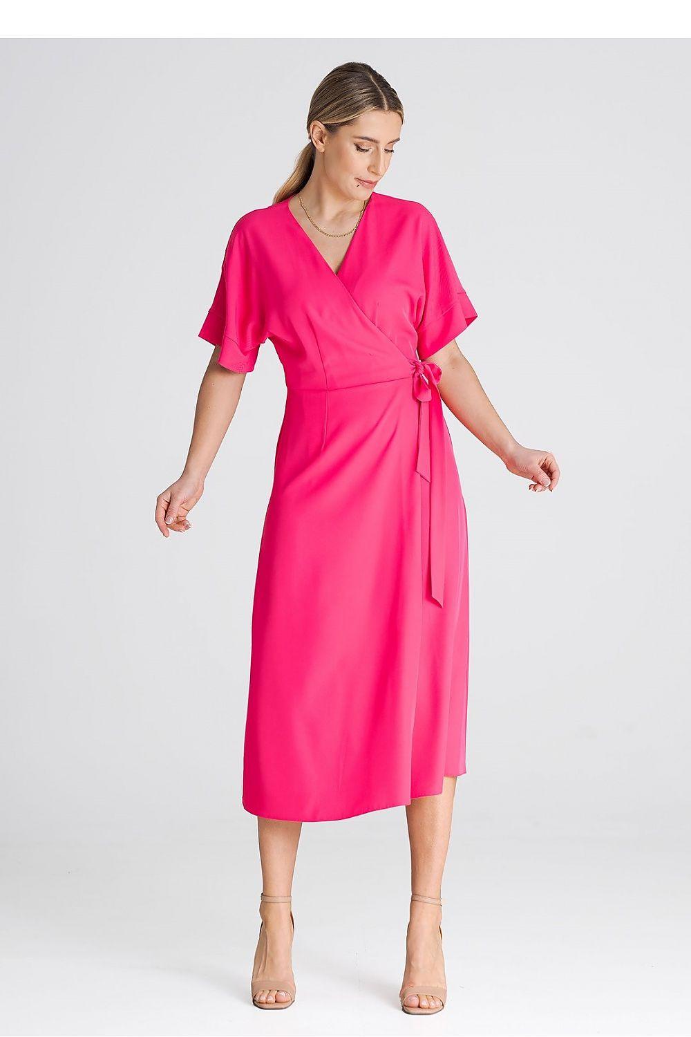 Pink wrap day dress with V-neck, short sleeves, and waist tie detail