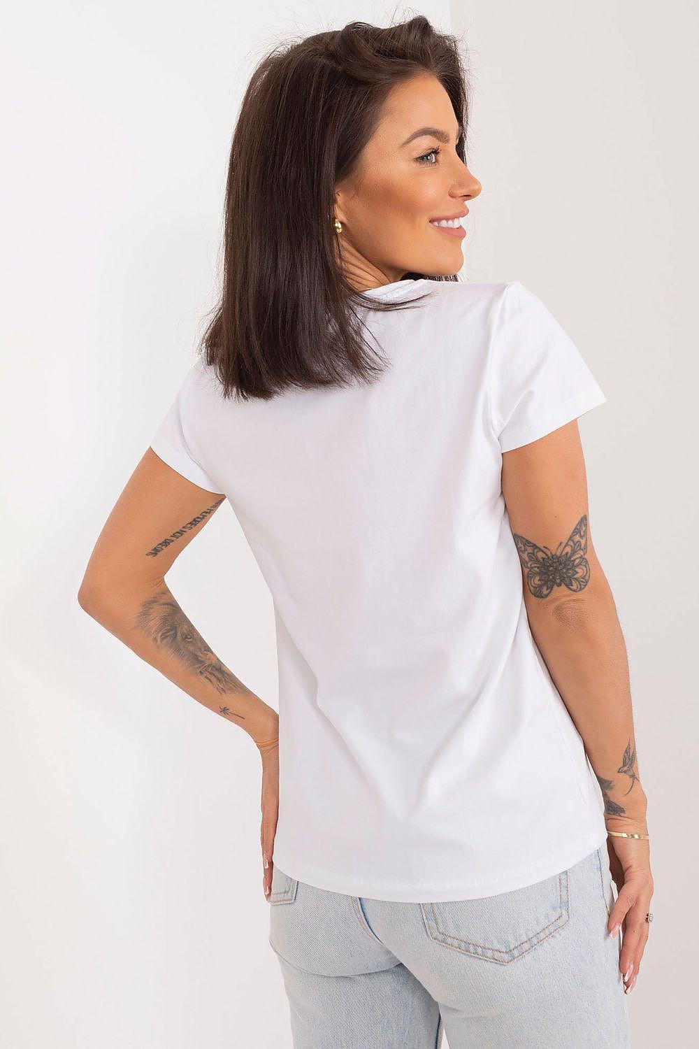 White short-sleeve graphic blouse with crew neck, back view with plain fabric