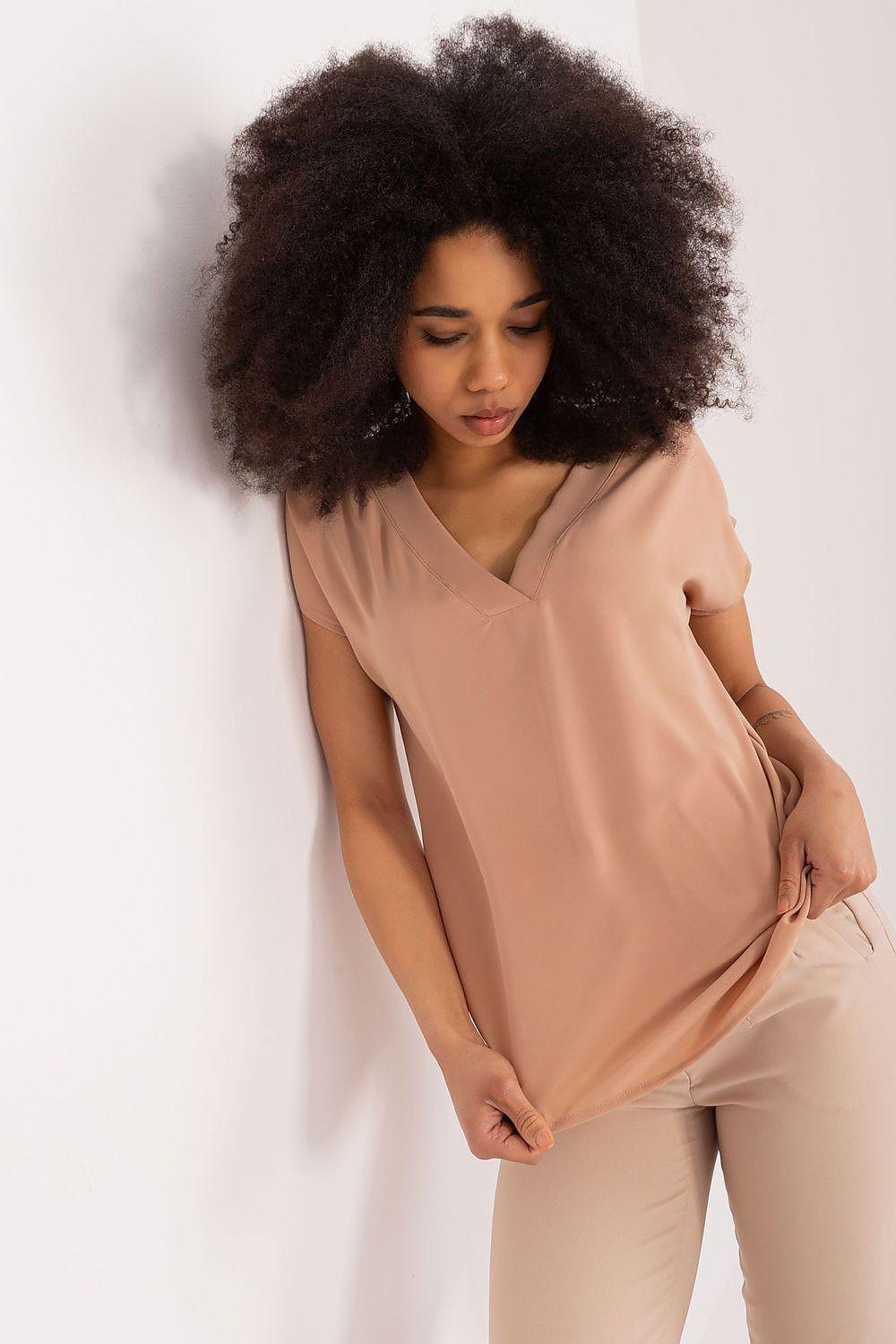 BFG blouse with heart neckline, short sleeves, drapey polyester in taupe