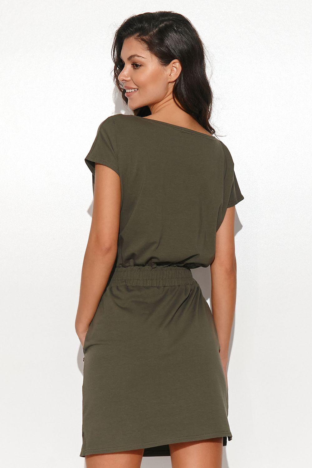 Olive daydress with short sleeves and ruched waist, back view
