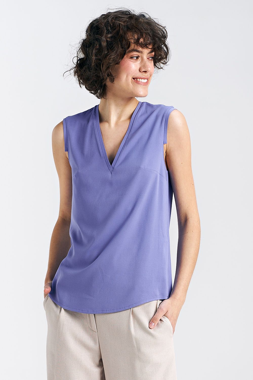 Violet V-neck sleeveless blouse with V-shaped neckline