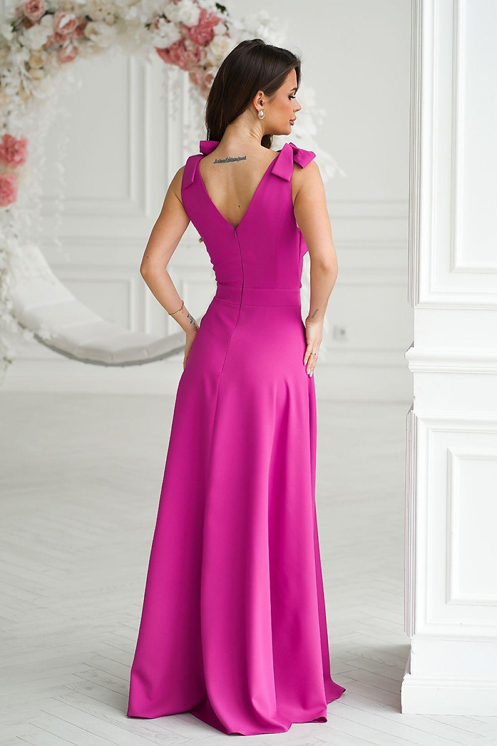 Fuchsia V-neck back evening dress with sleeveless shoulder bow and long skirt