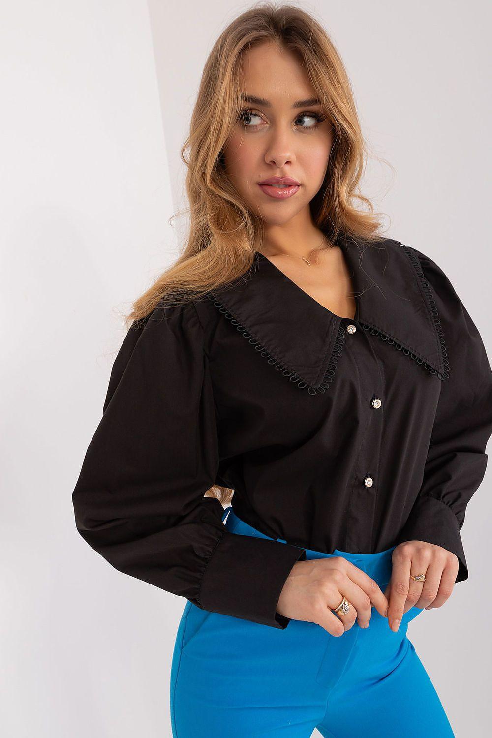 Black long-sleeve shirt with V-neck opening, button front, and puffed sleeves