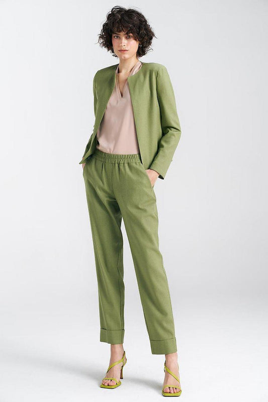 Women’s linen blend jacket in olive green with notch collar and long sleeves