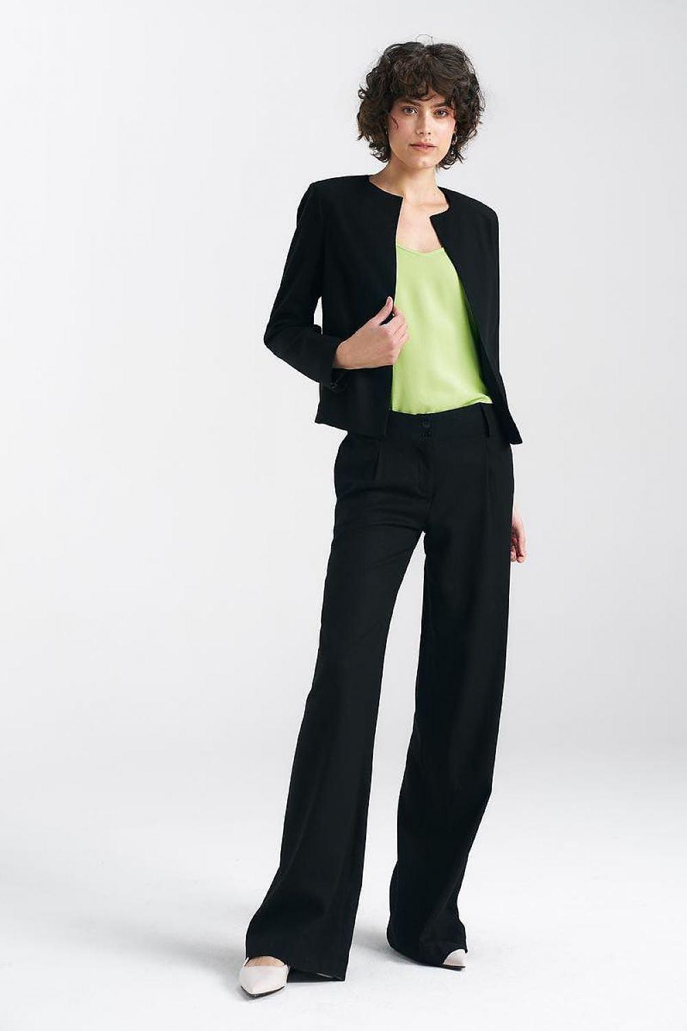 Women’s linen-blend jacket, dark front view, notched lapels, long sleeves, blazer style.