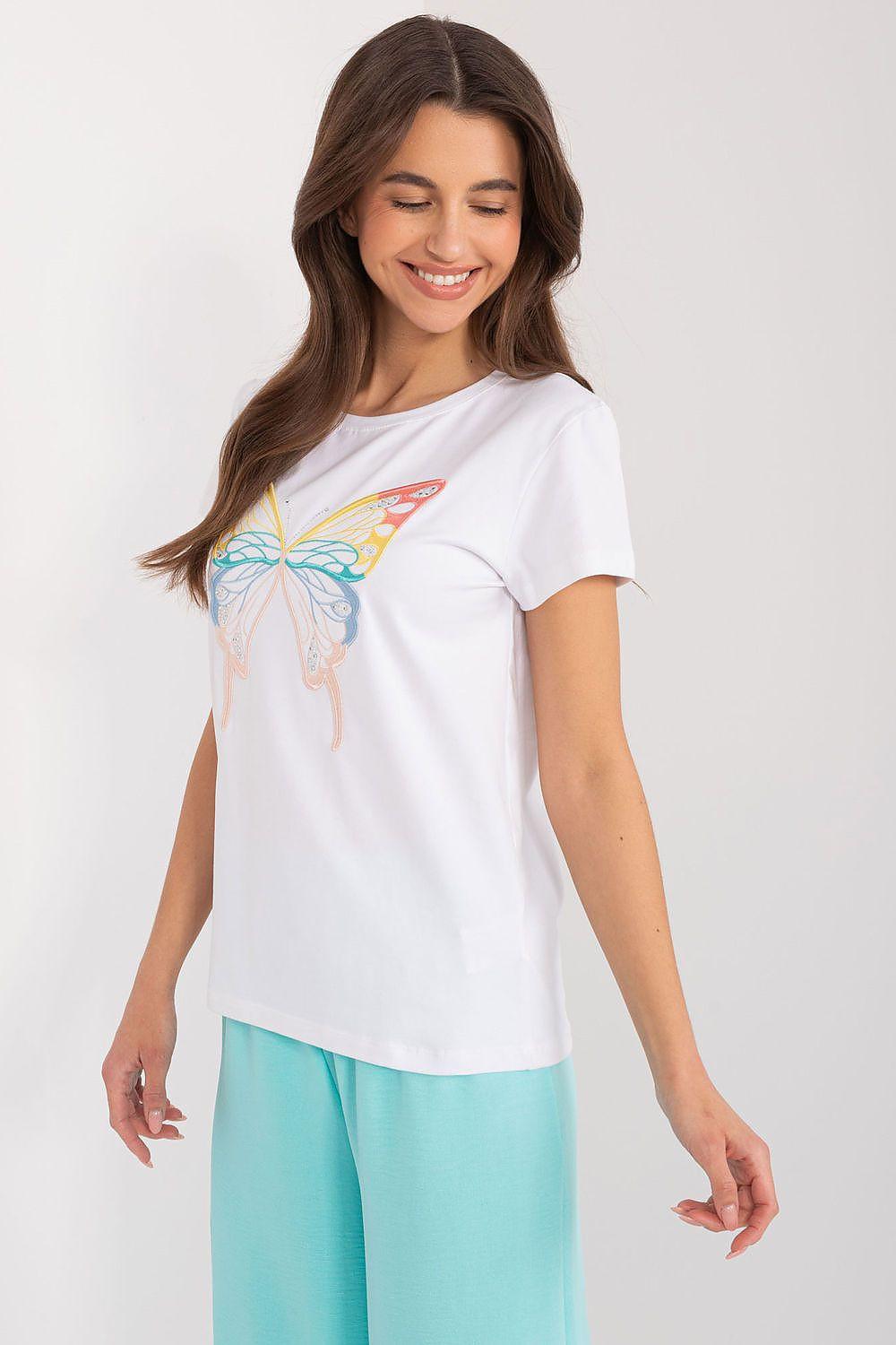 White short-sleeve blouse with colorful butterfly print and relaxed fit crew neck