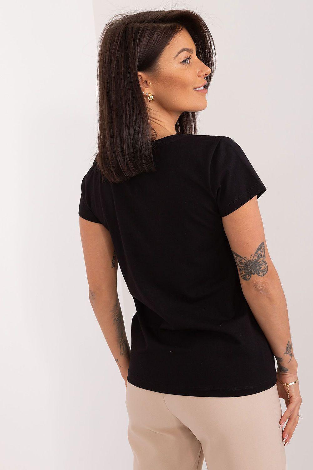 Black short-sleeve blouse with round neckline, side view; no front detail visible