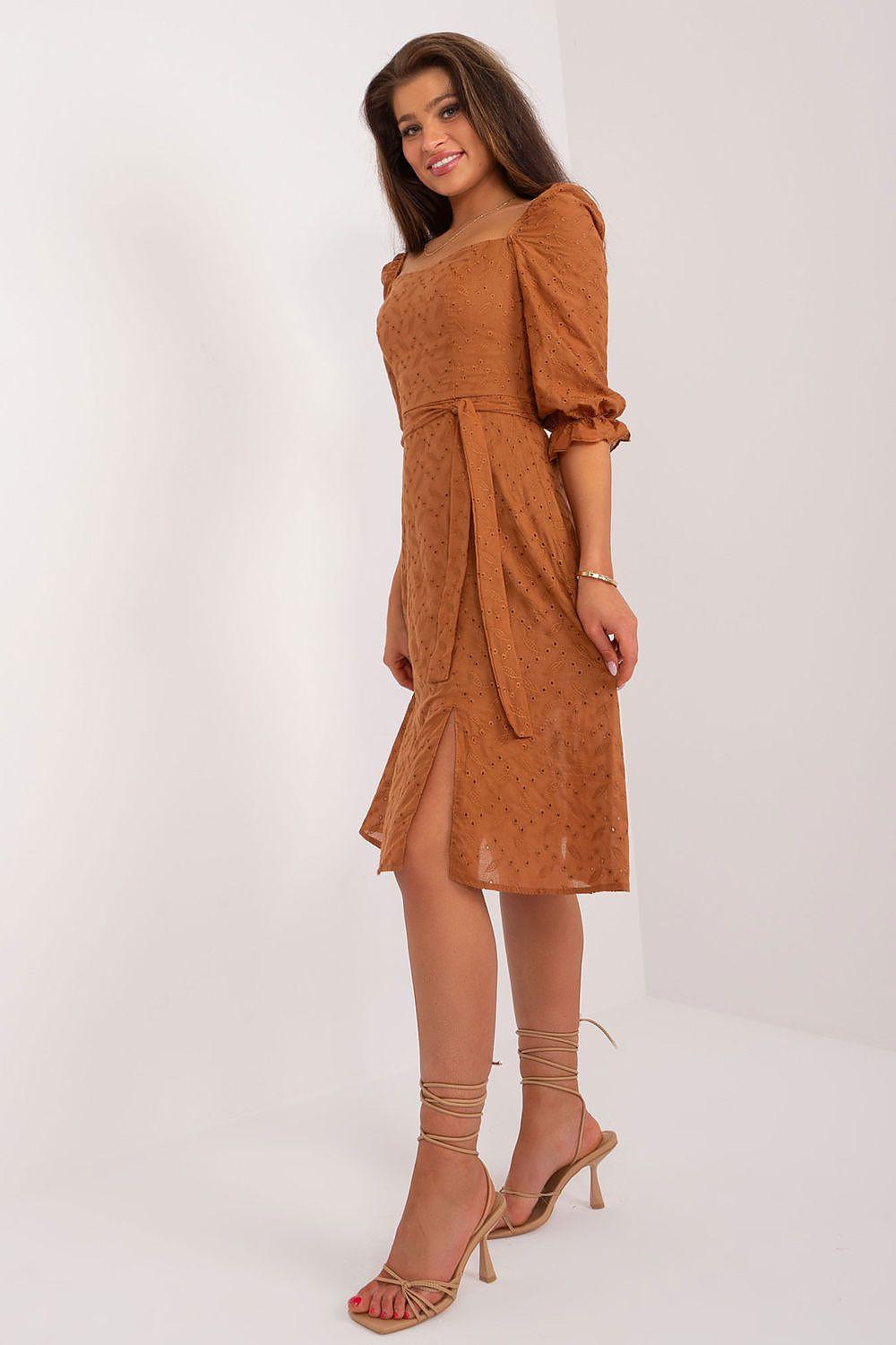 Brown long-sleeve daydress with tied sash, textured fabric, and knee-length skirt