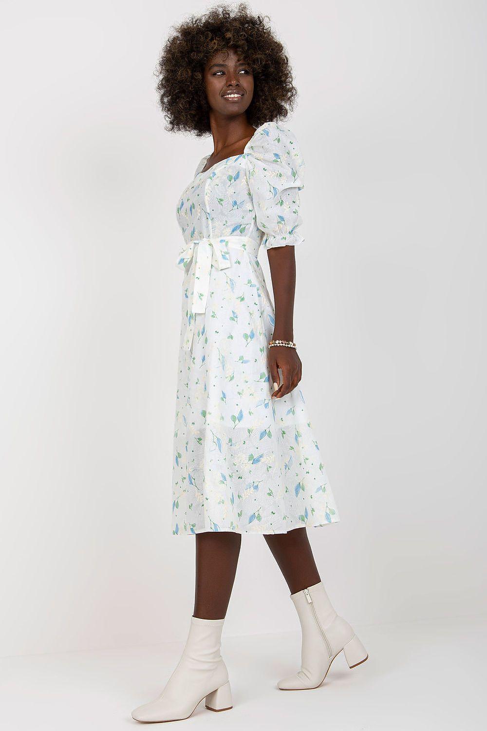 Lakerta daydress, midi length, tie waist and puff sleeves, light base with multicolor speckle