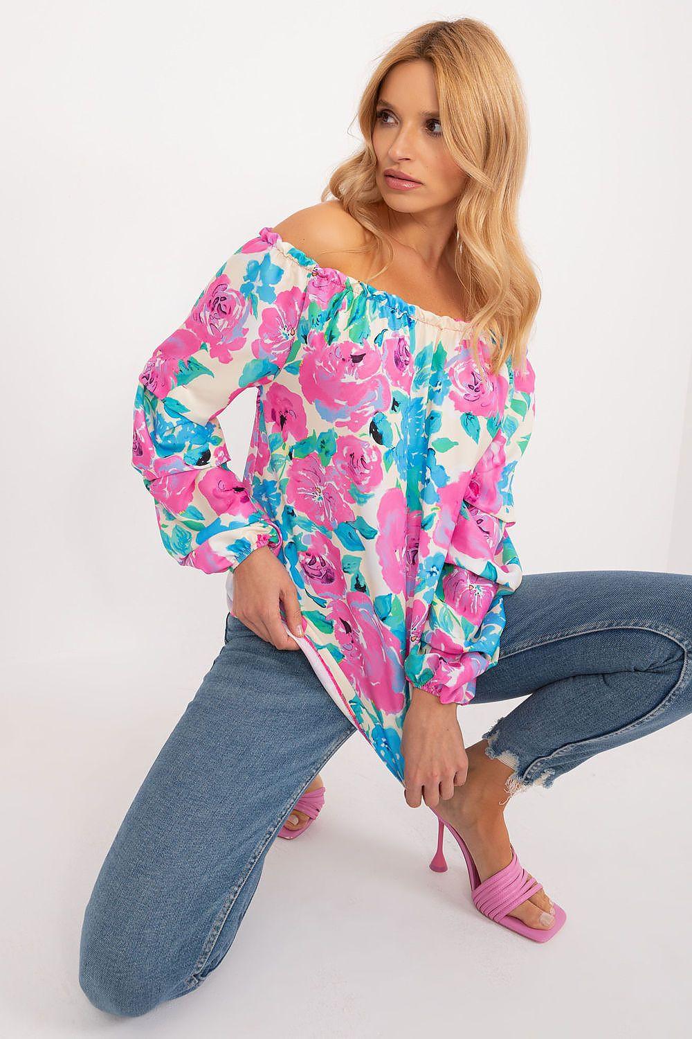 Floral off-shoulder blouse with long sleeves, pink and blue bouquet print
