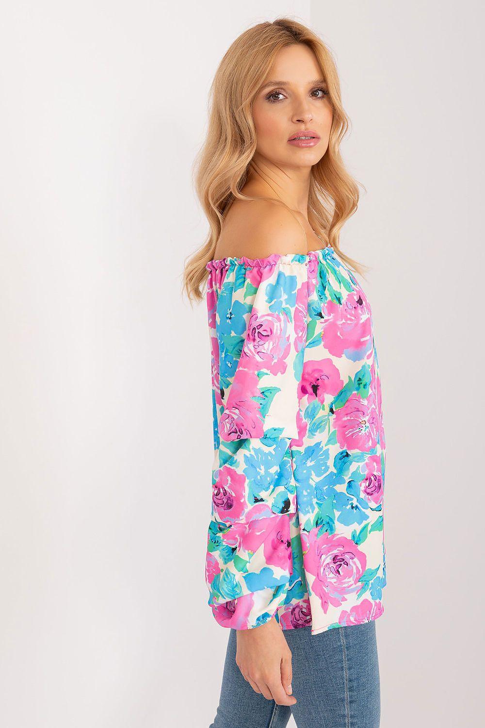 Floral off-shoulder blouse with long sleeves, colorful pink and turquoise rose print