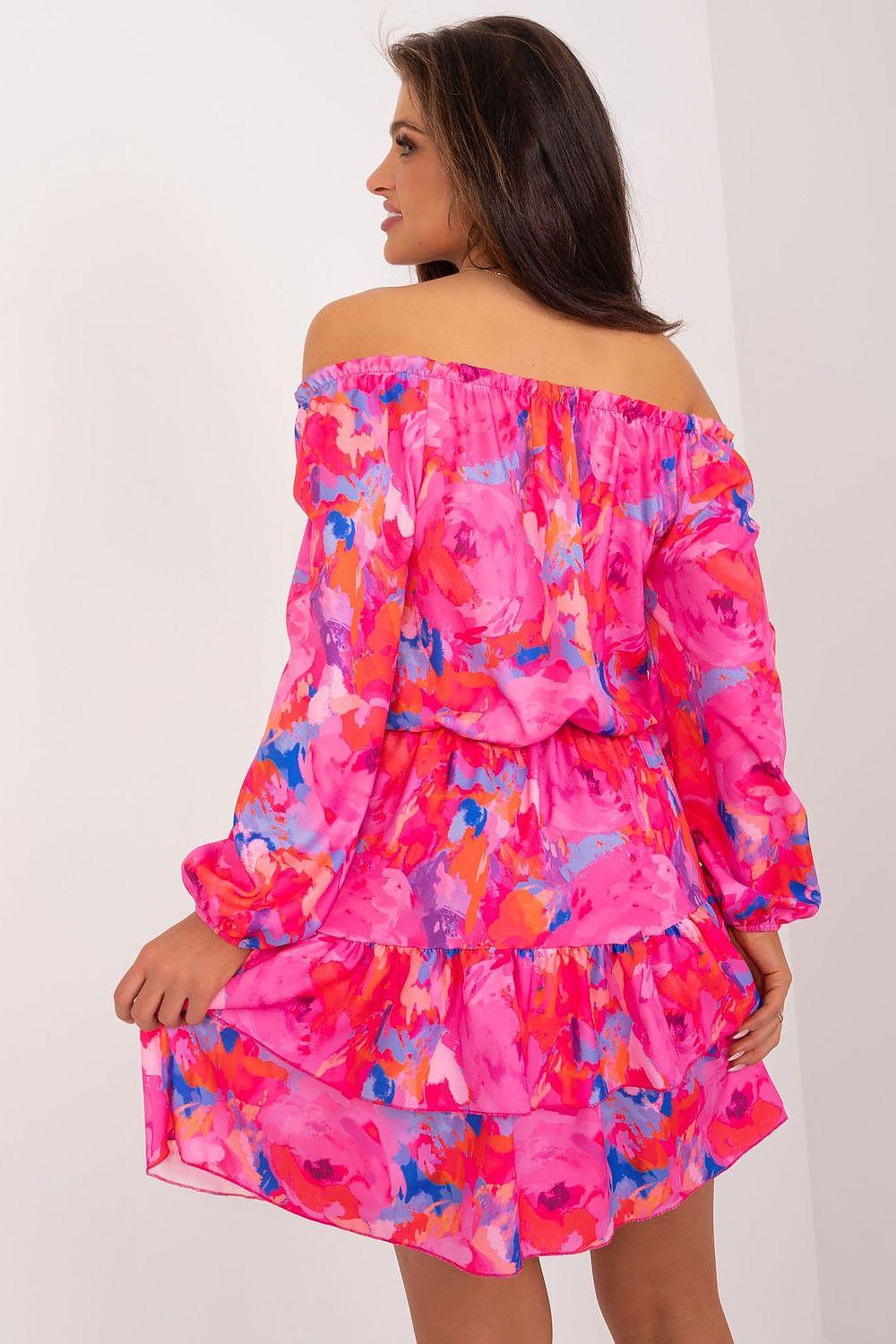 Multicolor off-shoulder daydress with gathered back yoke, tiered skirt and long ruffle sleeves