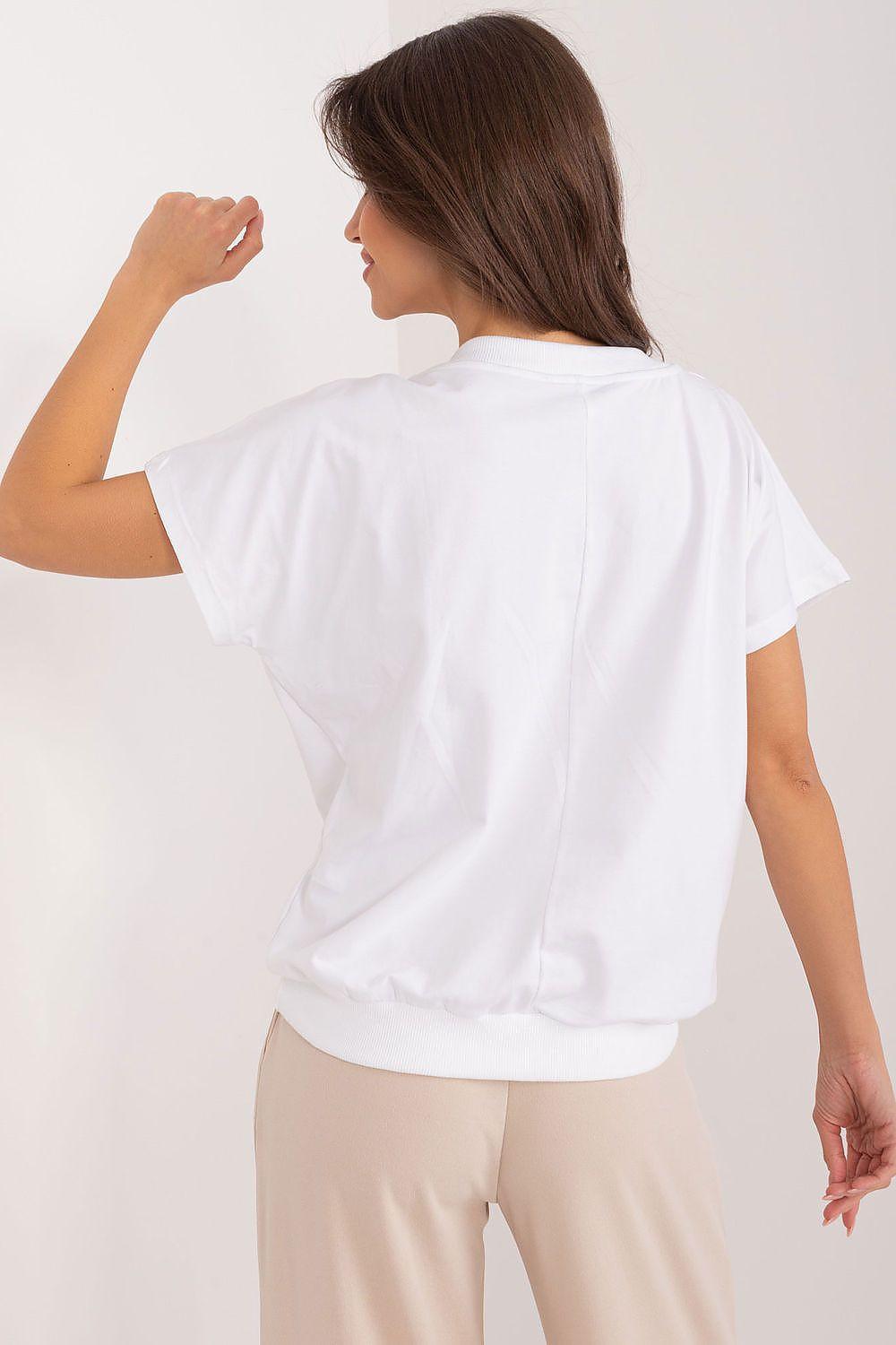White short-sleeve blouse, back view, V-neck style with relaxed fit