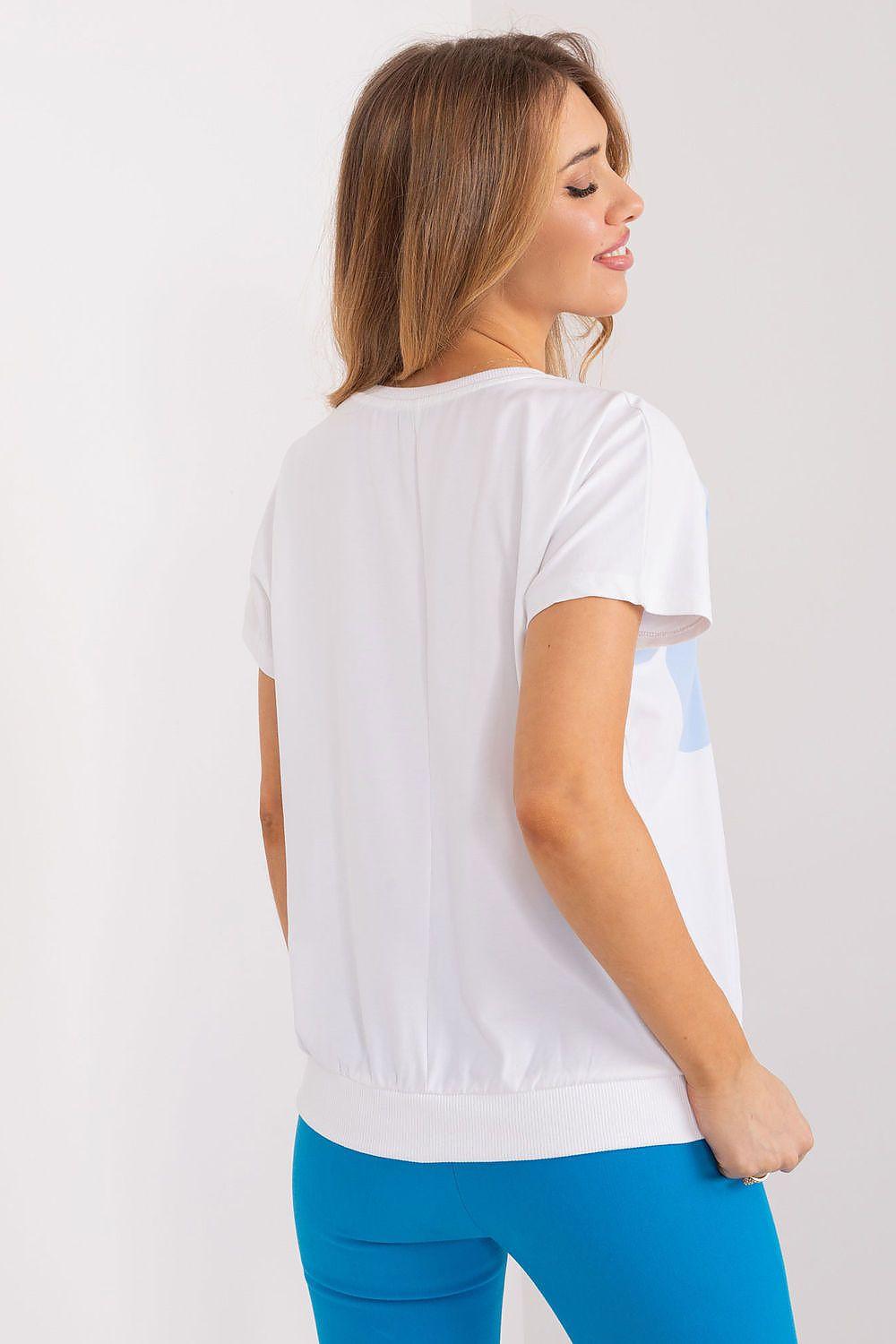 White floral cotton blouse back view with short sleeves and crew neck, blue print