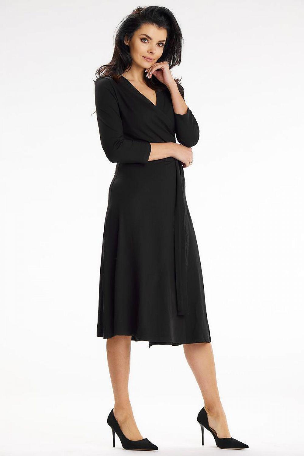 Awama daydress in black, V-neck, long sleeves, fitted bodice, midi flared skirt