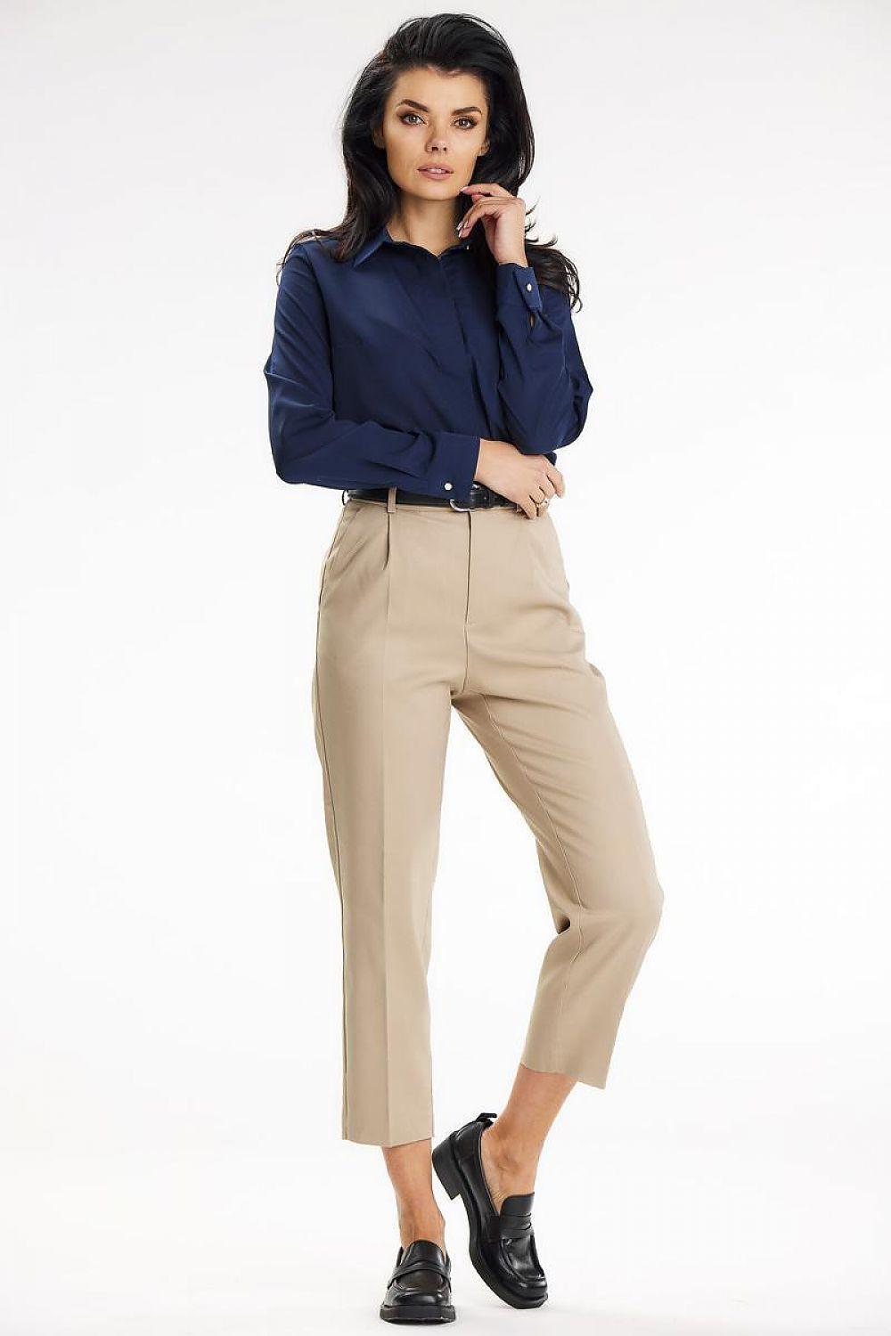 Navy long-sleeve button-up shirt with pointed collar and button placket