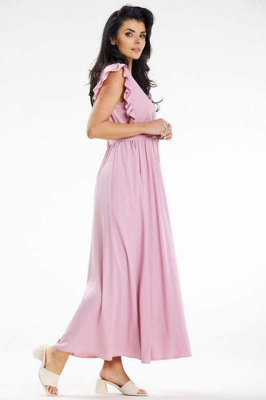 Pink sleeveless maxi daydress, V-neck, ruffled shoulders, gathered waist
