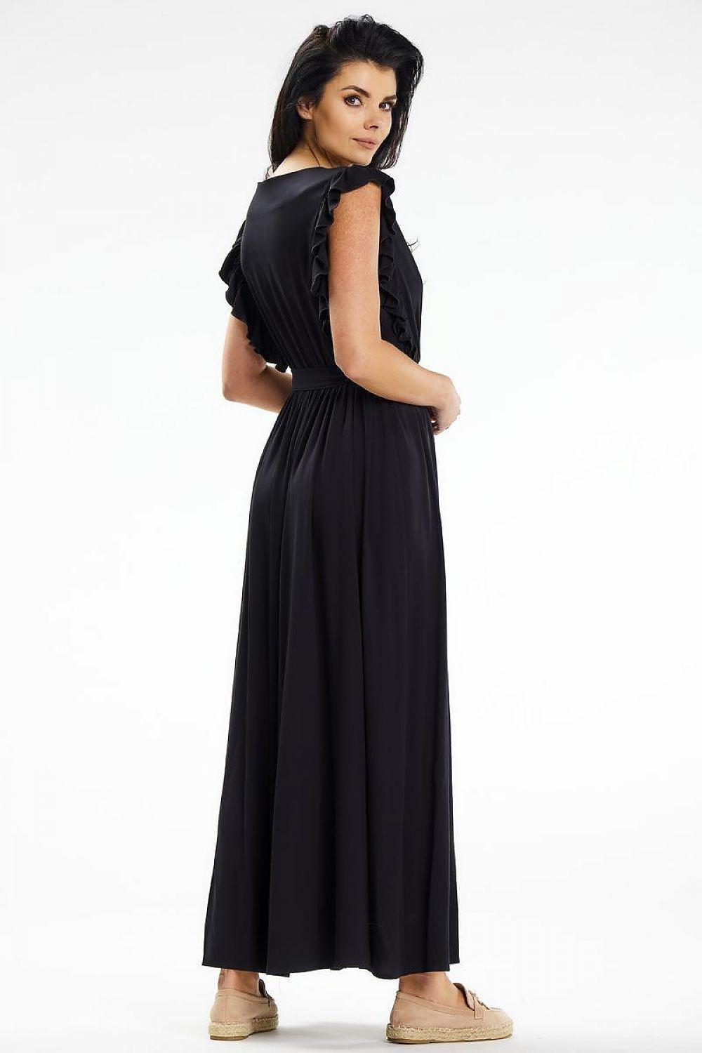 Black day dress with ruffled sleeves and gathered waist, maxi length, side front view