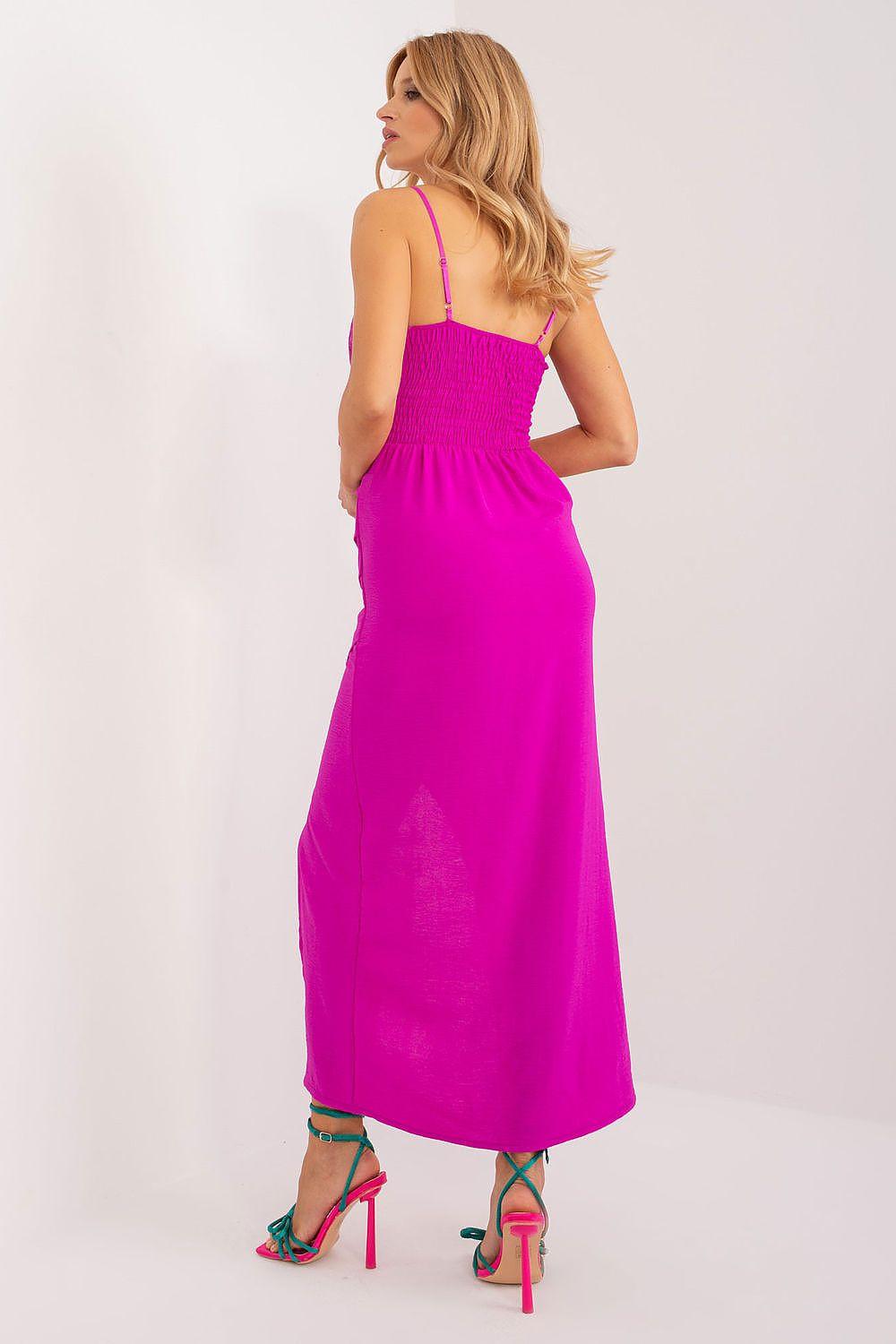 Pink spaghetti-strap cocktail dress, gathered bodice and midi length