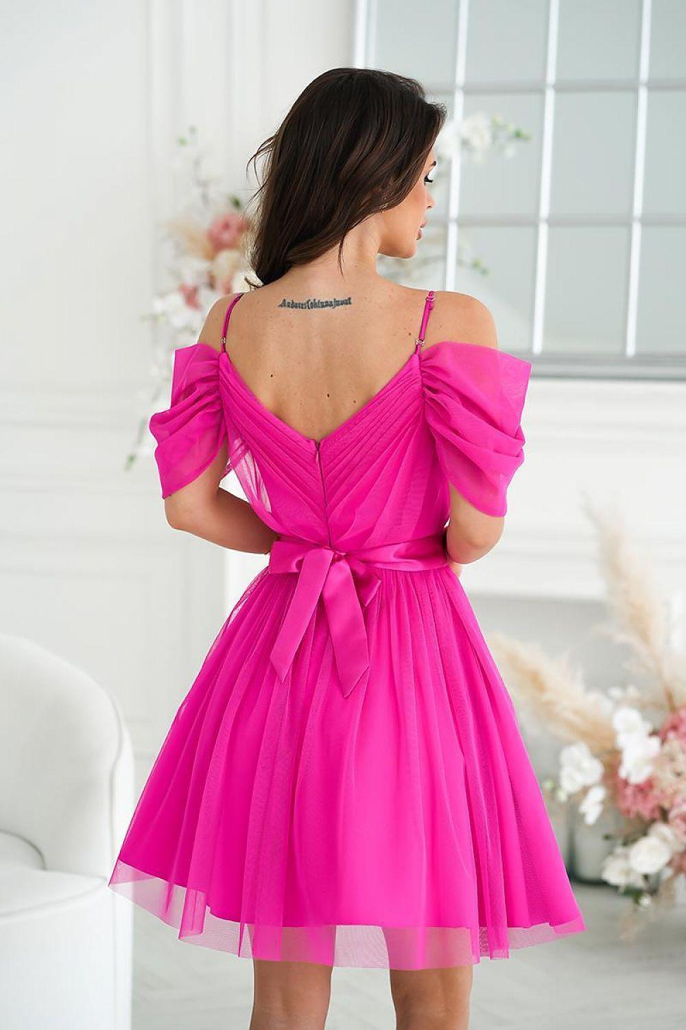 Bright pink backless evening dress with puff sleeves, V-back and pleated tulle skirt