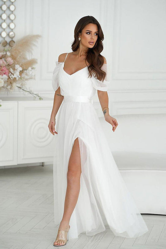 Bicotone long off-shoulder dress with puff sleeves, white corset bodice, side slit