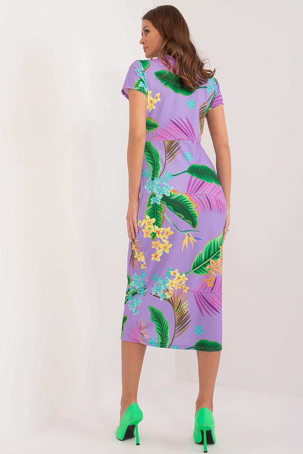 Daydress with short sleeves, tropical floral print, back view, midi length