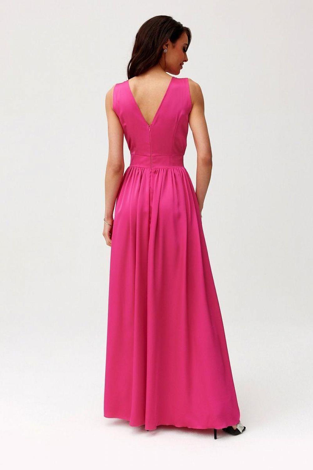 Pink cocktail dress back view sleeveless with V-back and gathered waist.