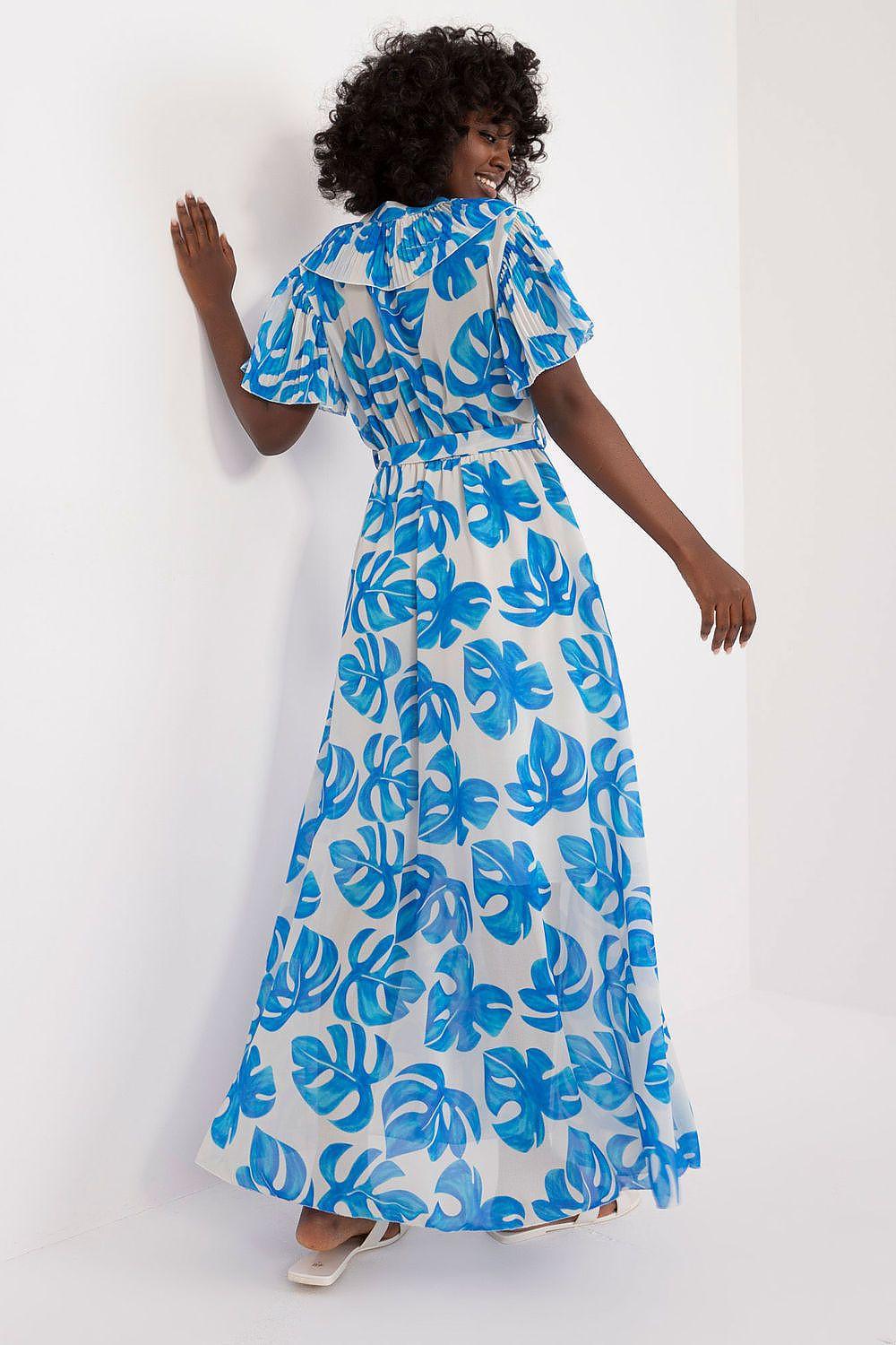 Blue patterned daydress with flutter sleeves and cinched waist tie, full skirt