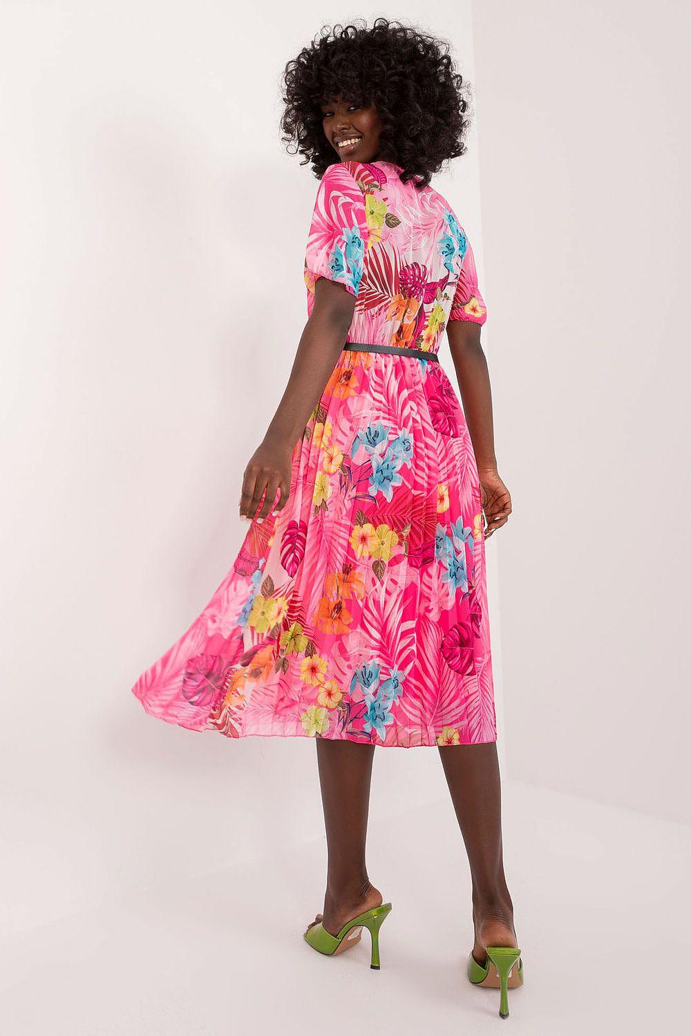 Floral day dress in pink with multicolor leaf print, fitted waist, full midi skirt