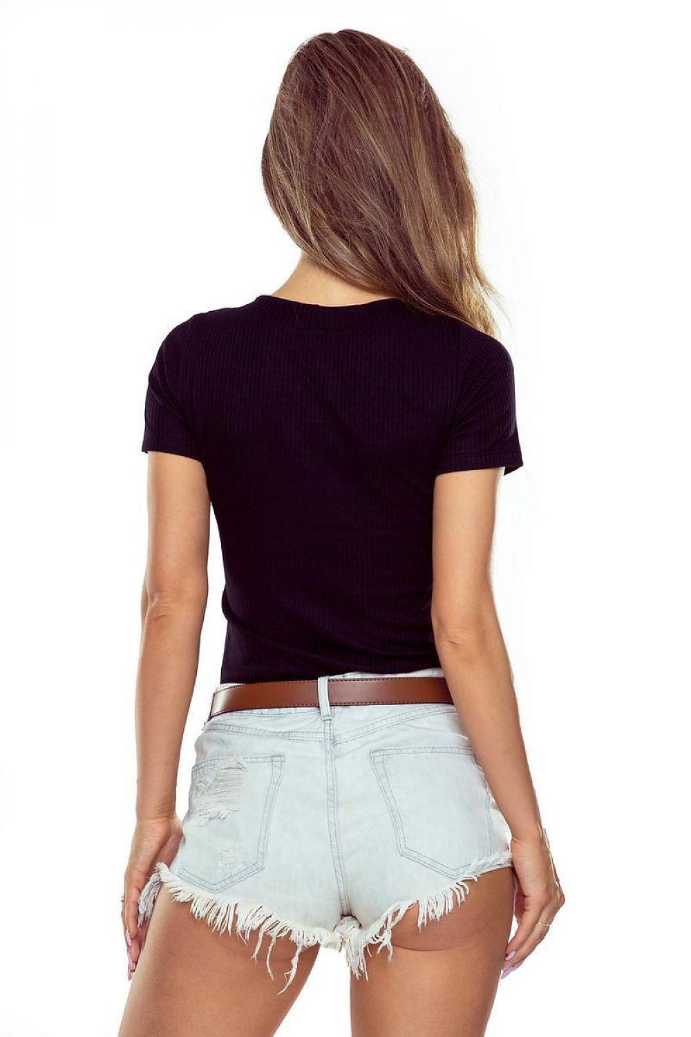 Black short-sleeve blouse with crew neck, back view