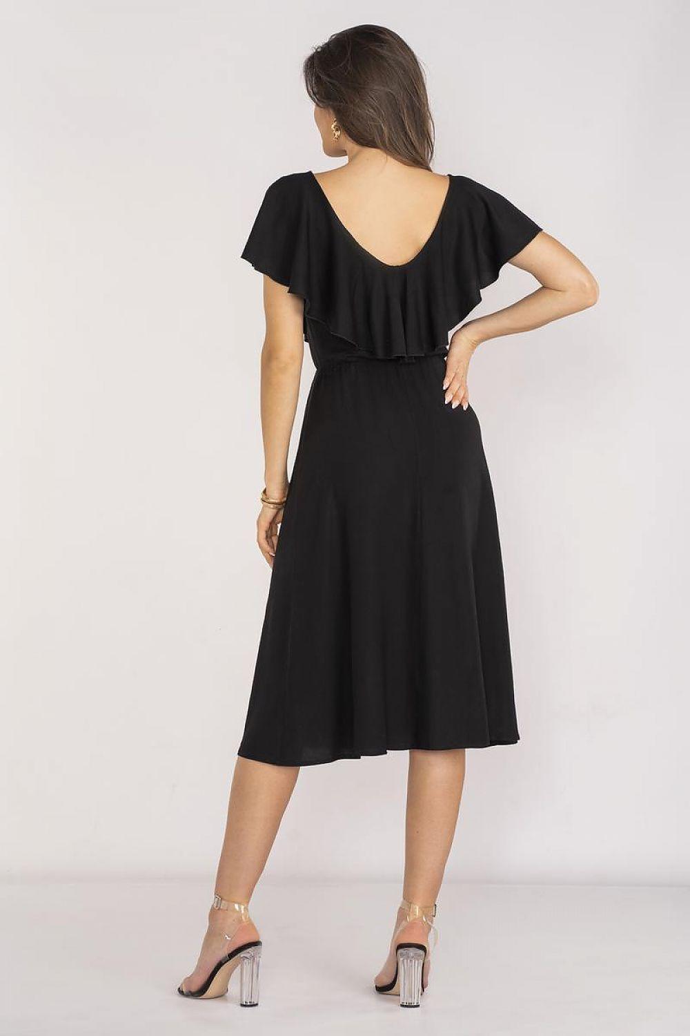 Awama daydress, black midi with open scoop back and flutter ruffle sleeves