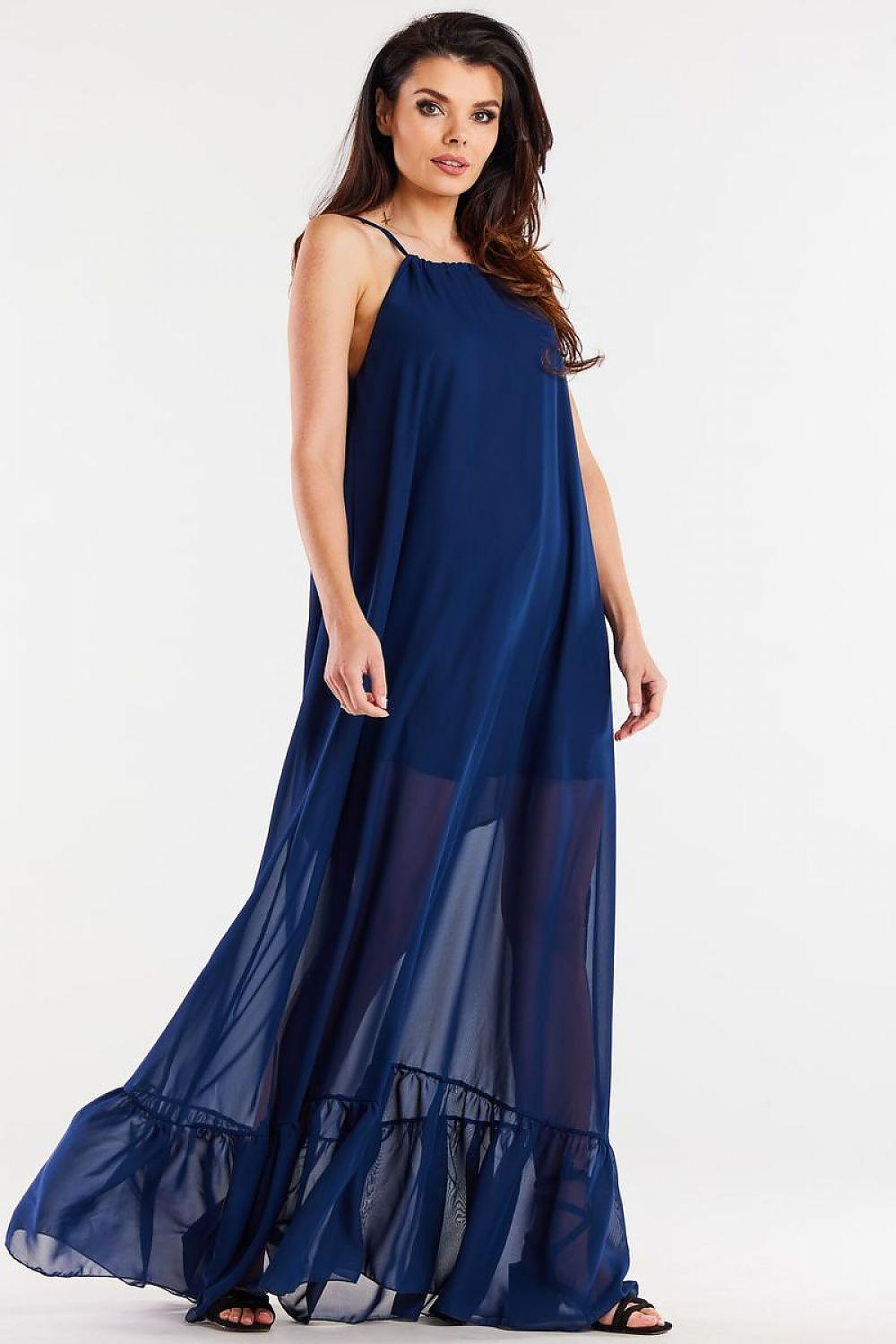 Awama daydress in navy blue, sleeveless with layered lower skirt and ruffle hem