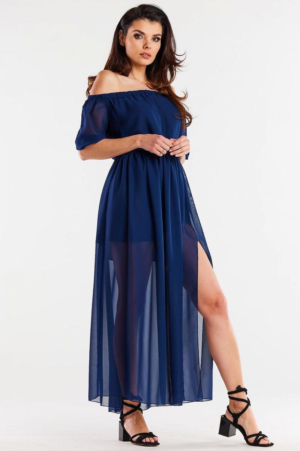 Navy off-shoulder daydress by awama with gathered waist, layered long skirt and slit