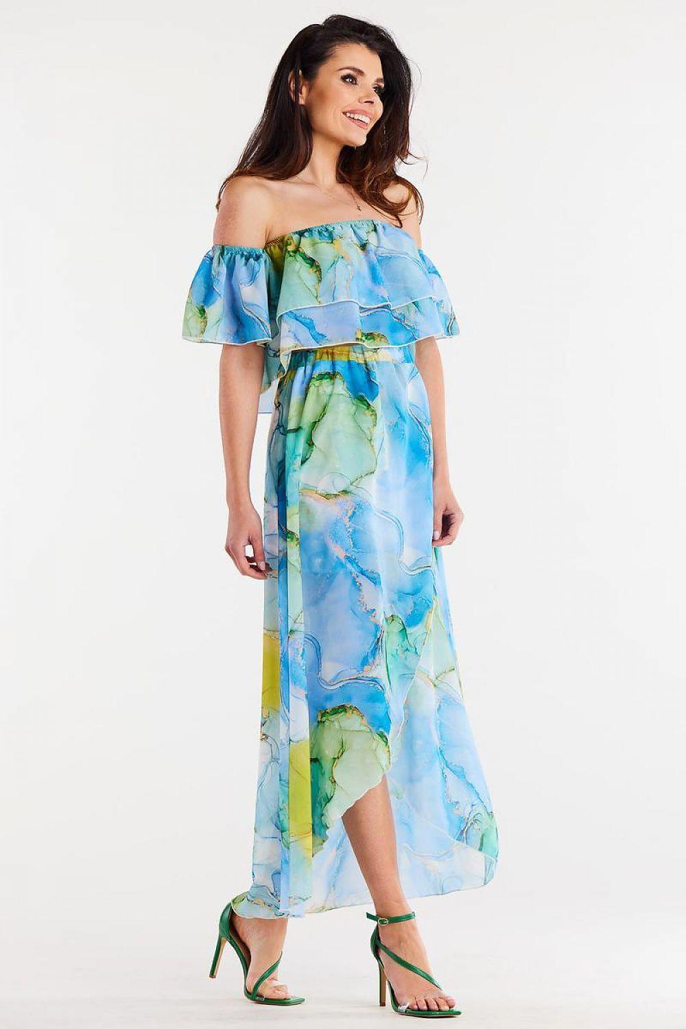 Maxi skirt in light blue with green and yellow abstract print, side slit