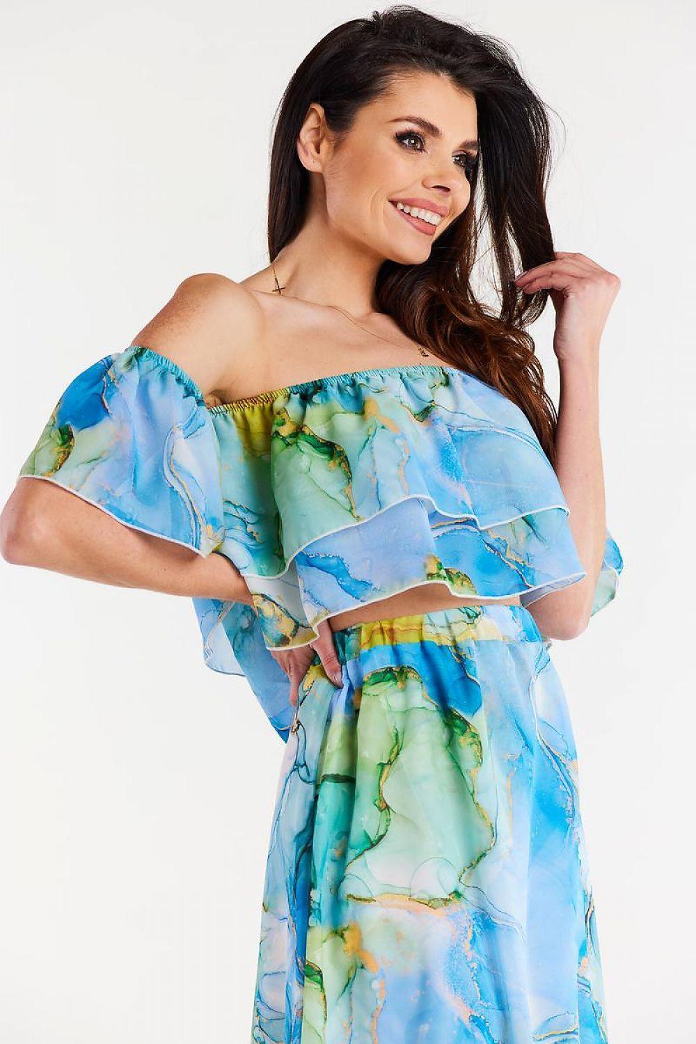 Off-shoulder ruffle blouse with blue, green, and yellow watercolor print