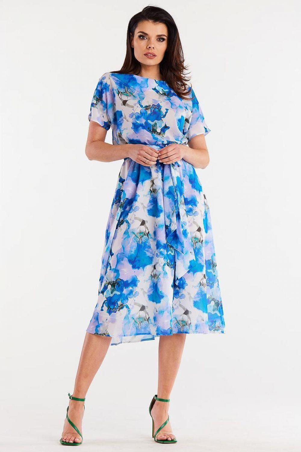 Blue watercolor daydress with short sleeves and waist tie, midi length