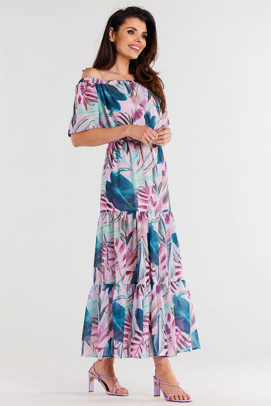 awama daydress in pastel floral print, off-shoulder neckline, short puff sleeves, tiered midi