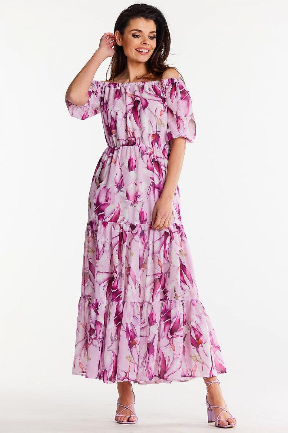 Pink floral off-shoulder tiered daydress with short flutter sleeves and elastic waist