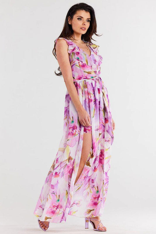 Awama daydress, floral print, sleeveless with tie waist and front slit