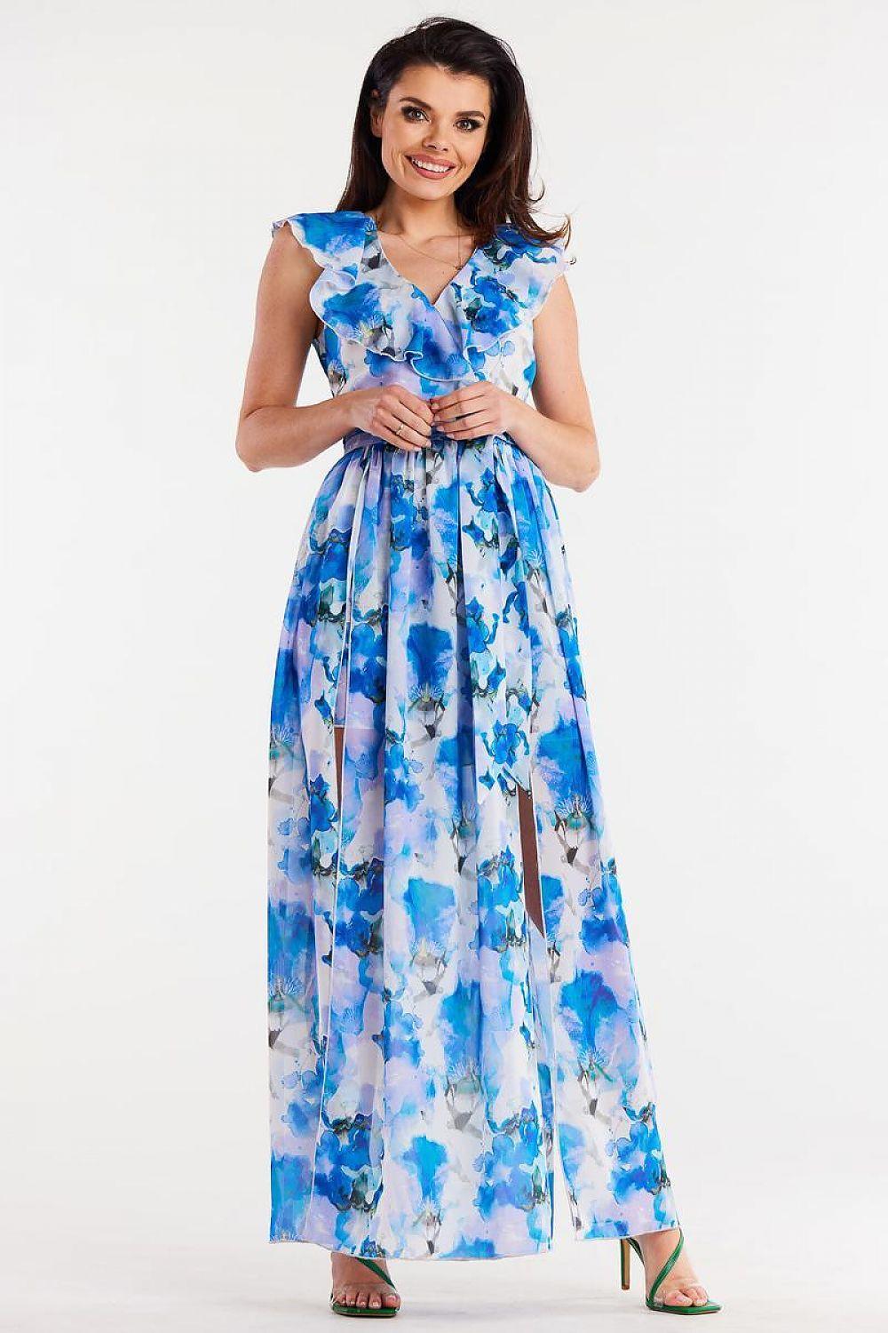 Blue watercolor floral maxi day dress with V-neck, ruffle cap sleeves and tie-waist belt