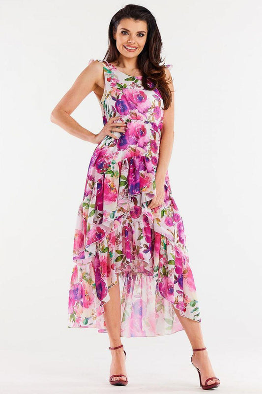 Awama tiered daydress with pink floral print, sleeveless bodice and layered skirt