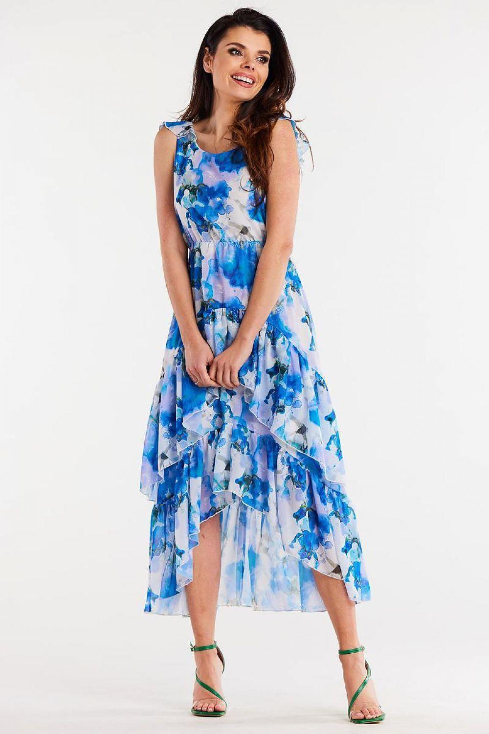 Awama daydress, sleeveless blue floral print with tiered ruffles and V neckline