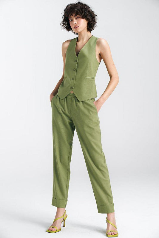 Green linen-blend gilet vest with V neckline, button front, and matching cropped trousers.