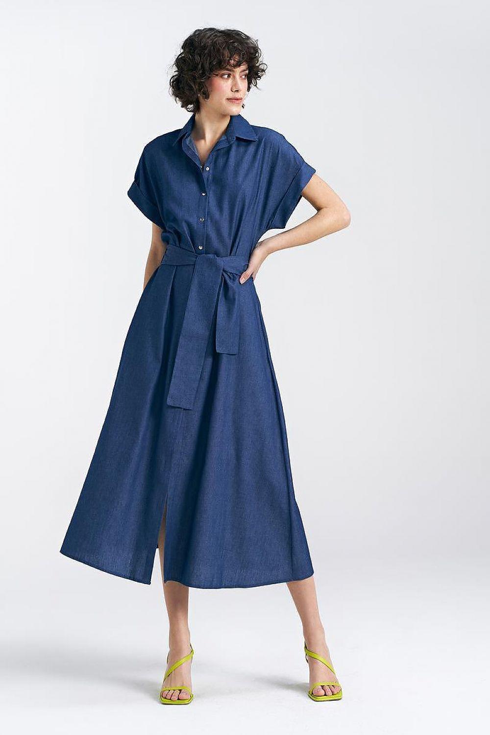 Navy blue midi shirt daydress with short sleeves, front buttons, and gathered waist belt